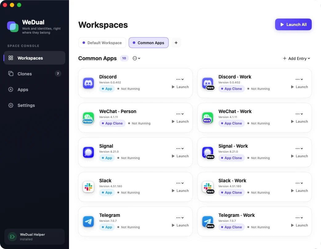 A WeDual Duo workspace containing apps, app clones, and website entries